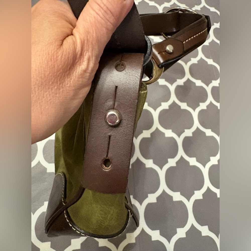 Dooney & Bourke 19745 Series Olive Green Suede and Brown Leather Hobo Purse - Picture 8 of 16